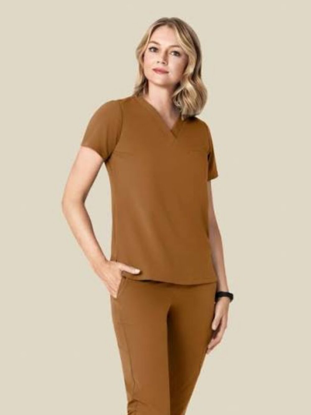 Mandala Scrubs. XXS. Camel. One Pocket Top. Women's Mid Rise 9 Pocket Jogger.